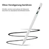 A white stylus pen is shown drawing a curved line on a white background, with German text describing its features. Produktbild-Vorschau