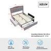 A diagram of a bed frame with dimensions and feature icons. Produktbild-Vorschau