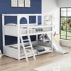 A white bunk bed with a slide and ladder in a child's bedroom with a blue wall and a large window. Produktbild-Vorschau