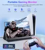 A portable gaming monitor is shown with a game displayed on it, and a person is holding a game controller. Produktbild-Vorschau