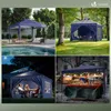 Collage of four images showing a blue pop-up gazebo in different settings: by a pool, in a park, at night with people dining, and at a market stall. Produktbild-Vorschau