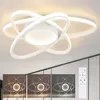 A modern white LED ceiling light with multiple rings, shown on a white ceiling. Below are three smaller images showing different light color temperatures and a remote control. Náhľad obrázku produktu