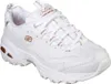 A white Skechers D-Lites sneaker with rose gold accents. Voir les images du produit