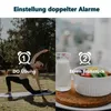 A split image showing a woman doing yoga on the left and a bowl of cereal with milk on the right, with alarm clock icons and German text indicating settings for alarms. Produktbild-Vorschau