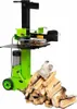 A vertical log splitter with a pile of split logs in front of it, set against a white background. Voir les images du produit
