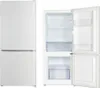 A white refrigerator-freezer combination is shown from the front, with the refrigerator door open to reveal the interior. Produktbild-Vorschau
