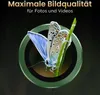 A close-up of a butterfly on a blade of grass, framed by a green ring, with German text at the top. Produktbild-Vorschau