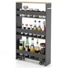 A narrow, multi-shelf rolling cart filled with various bottles and jars, likely for kitchen use. Produktbild-Vorschau