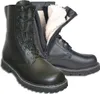 Two black leather boots with white stitching and thick soles are shown against a white background. One boot is fully visible, while the other is partially obscured and has its zipper open, revealing a plush white lining. Produktbild-Vorschau