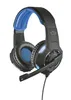 A gaming headset with blue accents and a microphone.