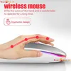 A hand is shown using a wireless mouse, with a graphic overlay highlighting the ergonomic design and comfort. Produktbild-Vorschau