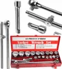 A socket wrench set is displayed in its red metal case, with various tools arranged around it. Produktbild-Vorschau