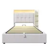 A bed frame with a headboard and integrated lighting, shown against a white background. Produktbild-Vorschau