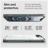 Marketing image showing a phone case with feature callouts. Voir les images du produit