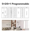A diagram showing programmable thermostat settings and a lifestyle image of a living room. Produktbild-Vorschau