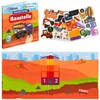A collage of a magnetic building site game, including the box, magnetic pieces, and an open game board. Produktbild-Vorschau
