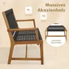 A side view of a wooden garden chair with black woven seating and backrest, with marketing text and icons overlaid. Produktbild-Vorschau