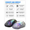 A marketing image showcasing a transparent RGB gaming mouse with its features listed. Produktbild-Vorschau