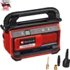 A red and black Einhell battery-powered air compressor with various nozzle attachments. Produktbild-Vorschau