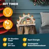 A wooden Christmas arch with LED lights, set on a rustic wooden base, with decorative elements and text overlays highlighting features. Náhled obrázku produktu