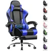 A blue and black gaming chair with a footrest and lumbar pillow is displayed against a white background. A row of other gaming chairs in different colors is shown on the right side of the image. Náhled obrázku produktu