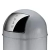 Close-up of the top of a gray trash can with a silver push-button lid. Produktbild-Vorschau