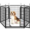 A beagle dog sits inside a black metal dog playpen. Produktbild-Vorschau