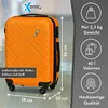 An orange suitcase with marketing information on the right side. Produktbild-Vorschau