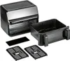 A black air fryer and its accessories are displayed on a white background. Produktbild-Vorschau