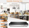 A collage showing a warming tray in different settings: kitchen, dining room, and restaurant, along with various material options for cookware. Produktbild-Vorschau