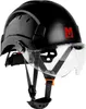 A black safety helmet with a clear visor and red logo. Náhľad obrázku produktu