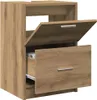 A wooden cabinet with one drawer open and one door open. Produktbild-Vorschau