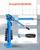 A blue pipe bender with various dies is shown, with close-up insets highlighting its long handle and non-slip rubber grip. Produktbild-Vorschau