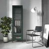 A modern living room scene with a green display cabinet, a chair, and a floor lamp. Produktbild-Vorschau