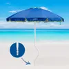A blue beach umbrella with a white pole is set up on a sandy beach with the ocean and sky in the background. A close-up inset shows the screw-like base of the umbrella pole. Anteprima dell’immagine prodotto