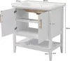 A white bathroom vanity with a ceramic sink and open doors, showing shelves and dimensions. Voir les images du produit