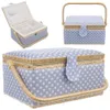 A collage of three images showing a blue and white polka dot sewing basket from different angles. Anteprima dell’immagine prodotto