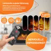 A hand holding a remote control in front of an electric fireplace with different flame effect settings. Produktbild-Vorschau