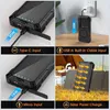Collage showing different charging inputs and solar charging capabilities of a power bank. Produktbild-Vorschau