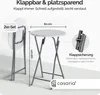 A marketing image showing a foldable bar table set with dimensions and features highlighted. Produktbild-Vorschau