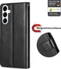 A black flip phone case for a Samsung Galaxy A17 5G is shown, with a magnetic closure and embossed design. Marketing elements like logos and feature callouts are present. Produktbild-Vorschau