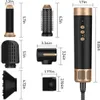 A collage of images showing a hair dryer and its attachments with dimensions labeled. Produktbild-Vorschau