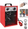 A collage of images showing a red electric heater, close-ups of its controls, people working on a construction site, and safety icons. Voir les images du produit