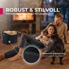 A couple and a dog relaxing by a fireplace, with a wood basket in the foreground. Produktbild-Vorschau