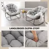 Two rocking chairs with thick cushions are shown in a room, with close-up shots of the cushion material below. Text highlights the material's durability. Produktbild-Vorschau