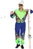 A man in a colorful ski suit holding ski poles and skis. Produktbild-Vorschau