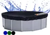 A black solar cover is placed over a round above-ground pool. Water splashes are visible in the background. Produktbild-Vorschau