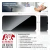 A product image showing a digital alarm clock with dimensions and features listed, alongside a lifestyle image of a woman waking up. Náhľad obrázku produktu