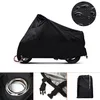 A collage of images showing a black motorcycle cover, a close-up of its material with water droplets, a detail of its grommet, and a detail of its straps, along with a folded cover in its storage bag. Produktbild-Vorschau