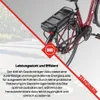 A close-up of the rear of a red electric bicycle with a battery pack on the rack, with marketing text and a logo overlay. Produktbild-Vorschau